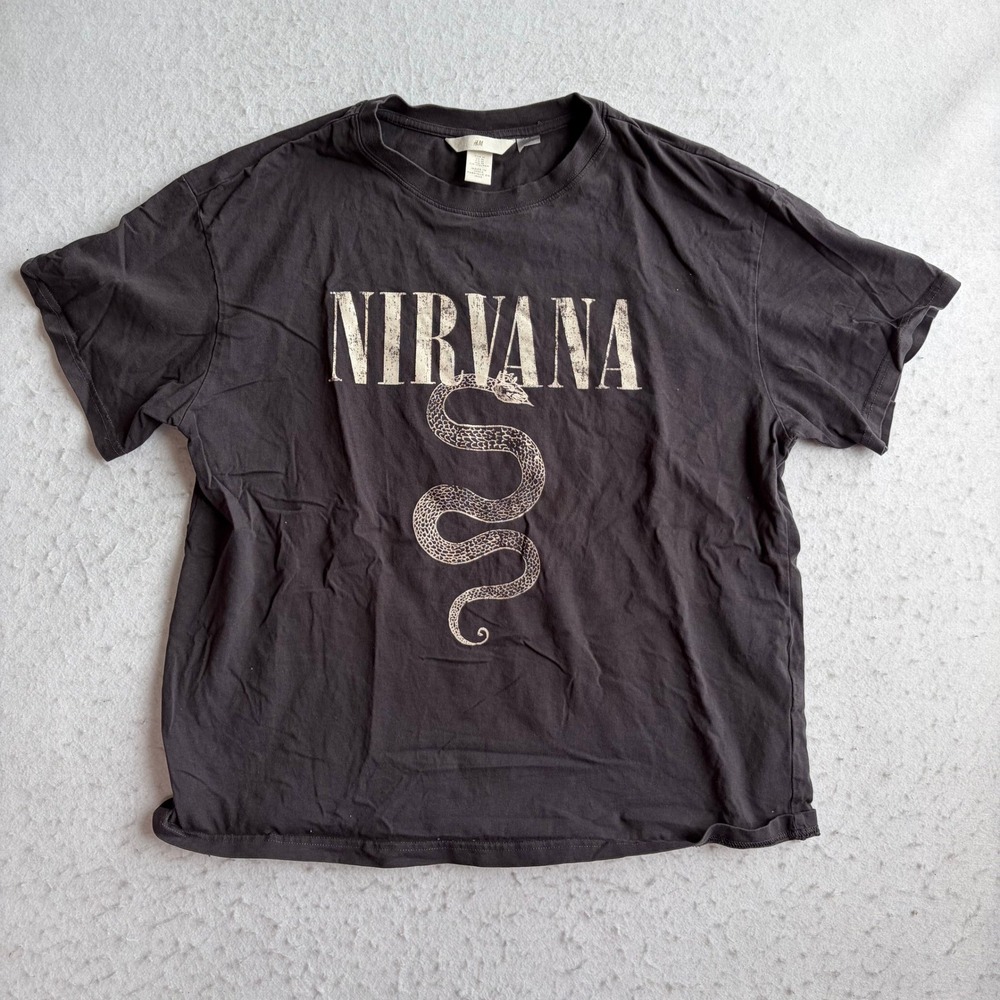 H&M Nirvana Graphic T-Shirt Womens Medium Black Snake Print Distressed
